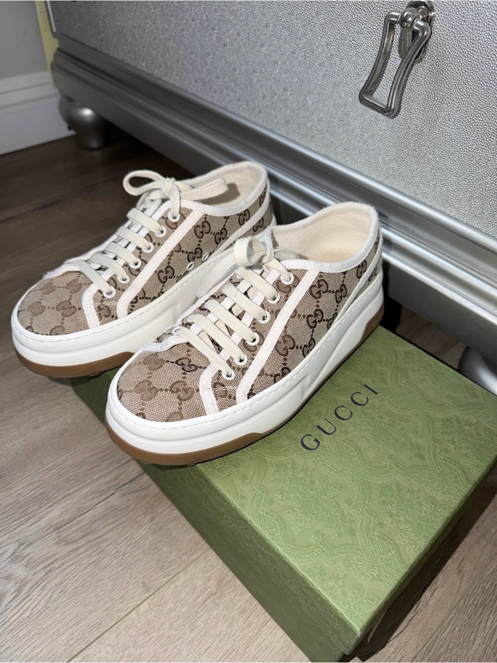 Gucci Beige and Ivory GG Canvas Low-Top Sneakers